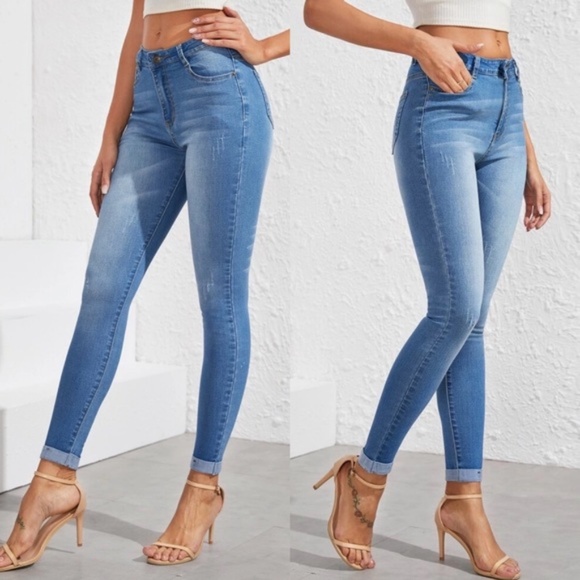 medium wash stonewash faded cuffed skinny jeans - Picture 5 of 7